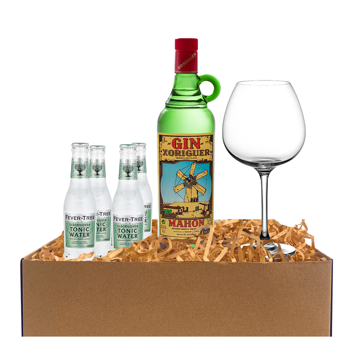 Gift Box Herencia Mediterranea by Gin Xoriguer regalo exclusivo con acabado de canastería y una exclusiva selección de licorería y copas.