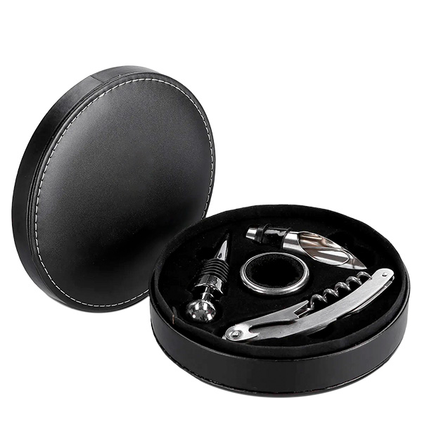 Wine Gift Set de 4 Piezas en Estuche Redondo de Cuero