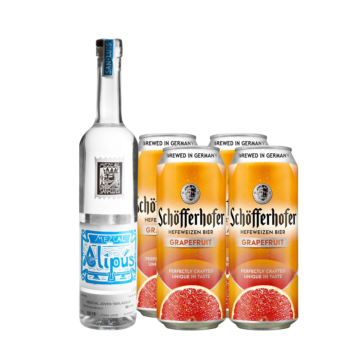 Cocktail Pack Paloma Alemán: Mezcal Alipús 750ml + 4 Schöfferhofer Toronja 500ml.