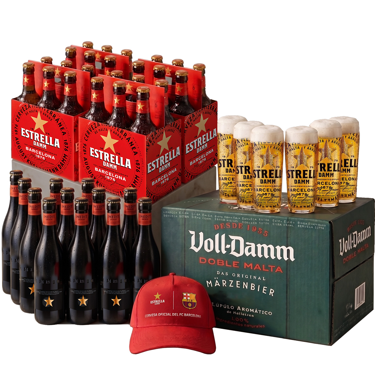 Super Pack Damm + REGALO: 6 Vasos Cerveceros y Gorra Estrella Damm/FC Barcelona
